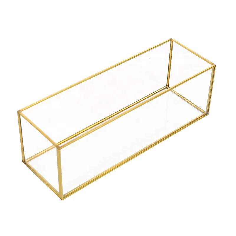 Factory Directly Sale Rectangular Geometric Copper Metal and Glass Terrarium Pot Vase for Indoor Air Plant Succulent Cactus