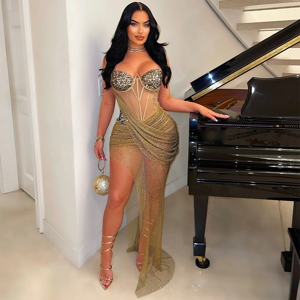 CY901098 Chic Concert Dress Corset Strap Bra Cocktail Club Party Mesh Dresses With Rhinestones