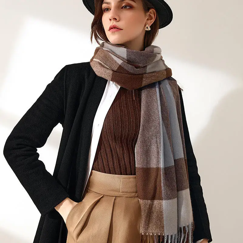 Модная осенне-зимняя теплая уютная шаль в крупную клетку, шарф с кисточками в крупную клетку для женщин