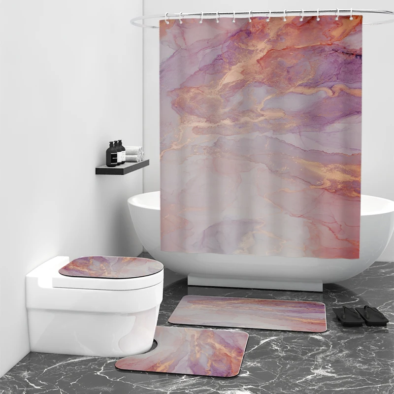 4Pcs Luxury Marble Shower Curtain Sets with Toilet Lid Rug Bath Mat and Contour Mat