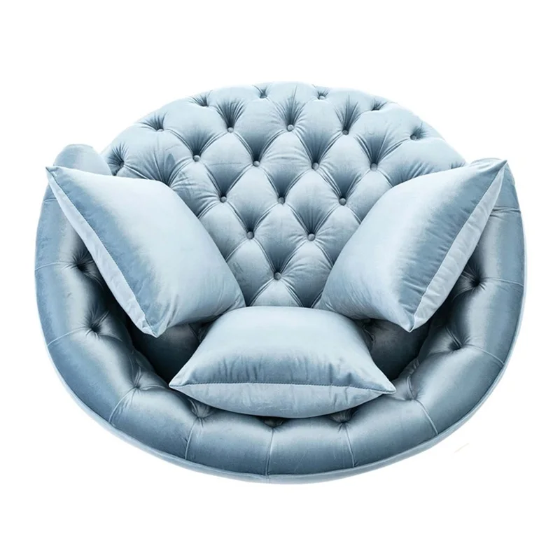 Modern stainless steel wide tufted swivel barrel chair nordic velvet button sofa for living room furniture barrel recliner chair