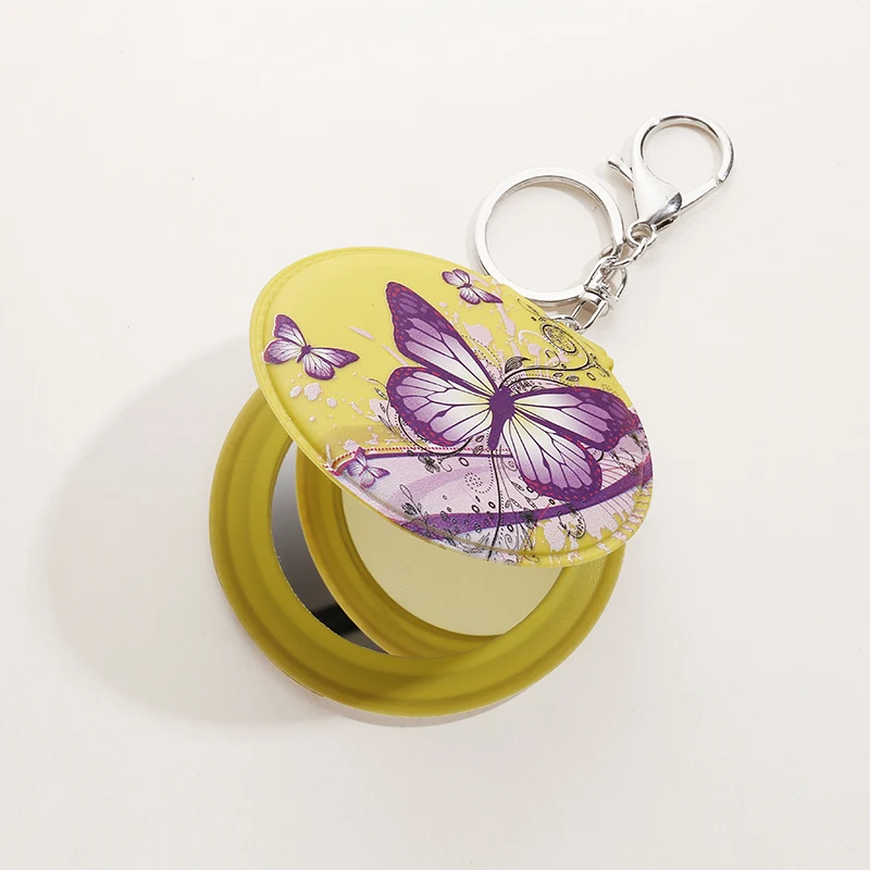 wholesale portable round leather pocket compact mirror keychain for girls