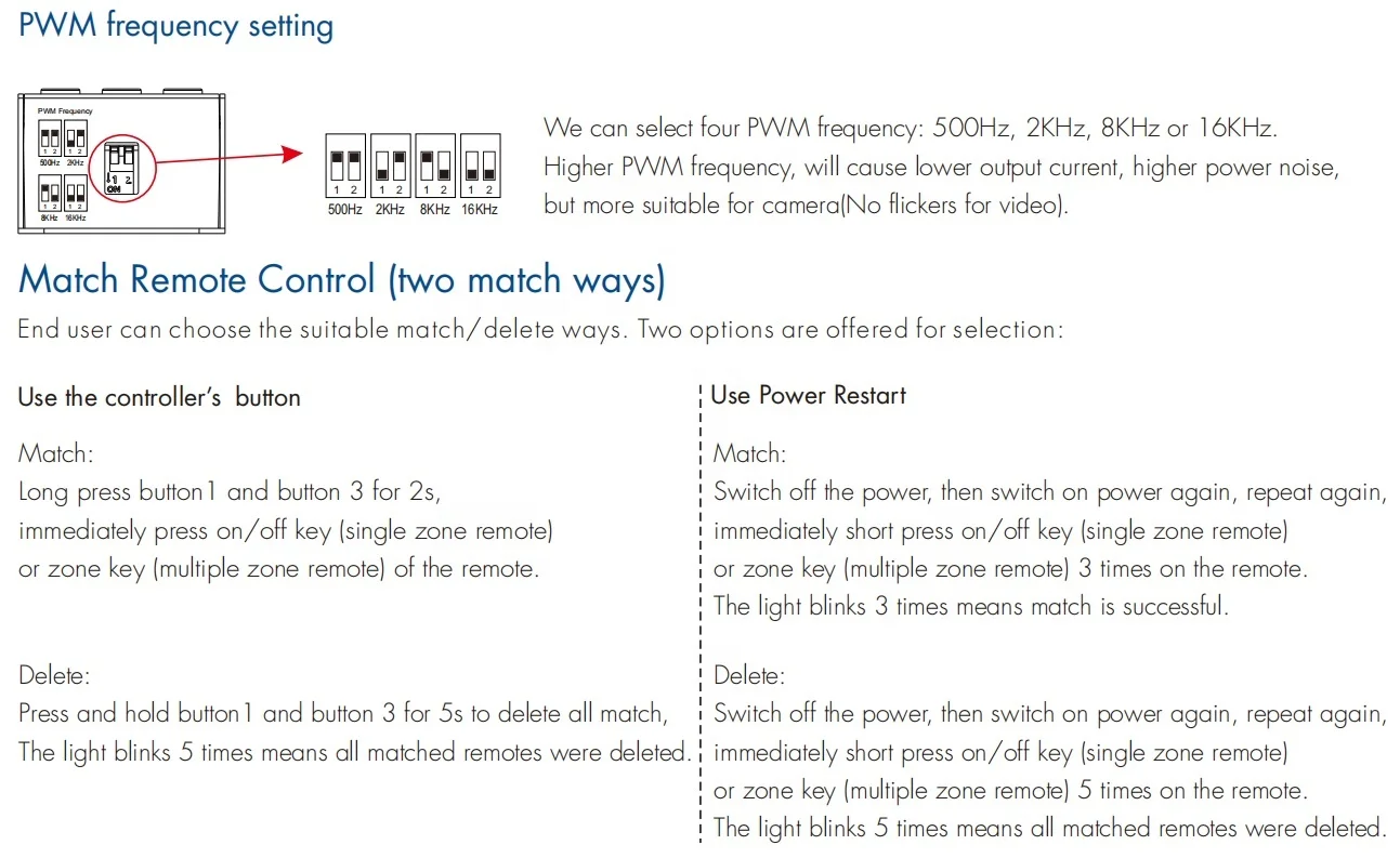 20A 500Hz 2KHz 15A 8KHz 12A 16KHz 0 to 100% 1 channel constant voltage LED RF dimming V1 C LED Dimmer