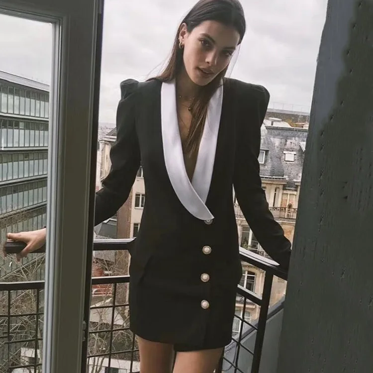 
Retro Suit Formal Dress Lady Temperament Black White Contrast Color Suit Slim Dress 