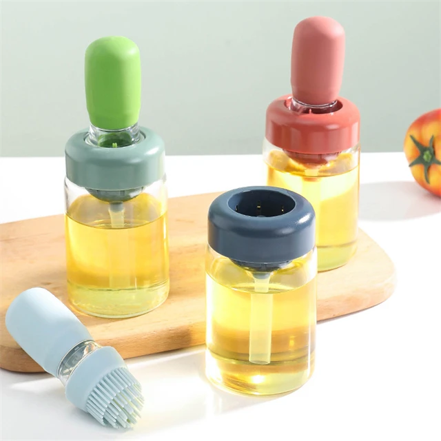 J709 Kitchen Cooking Baking BBQ Tools Glass Oil Dispenser Vinegar Bottle 2 in 1 Glass Oil Bottle With Silicone Brush