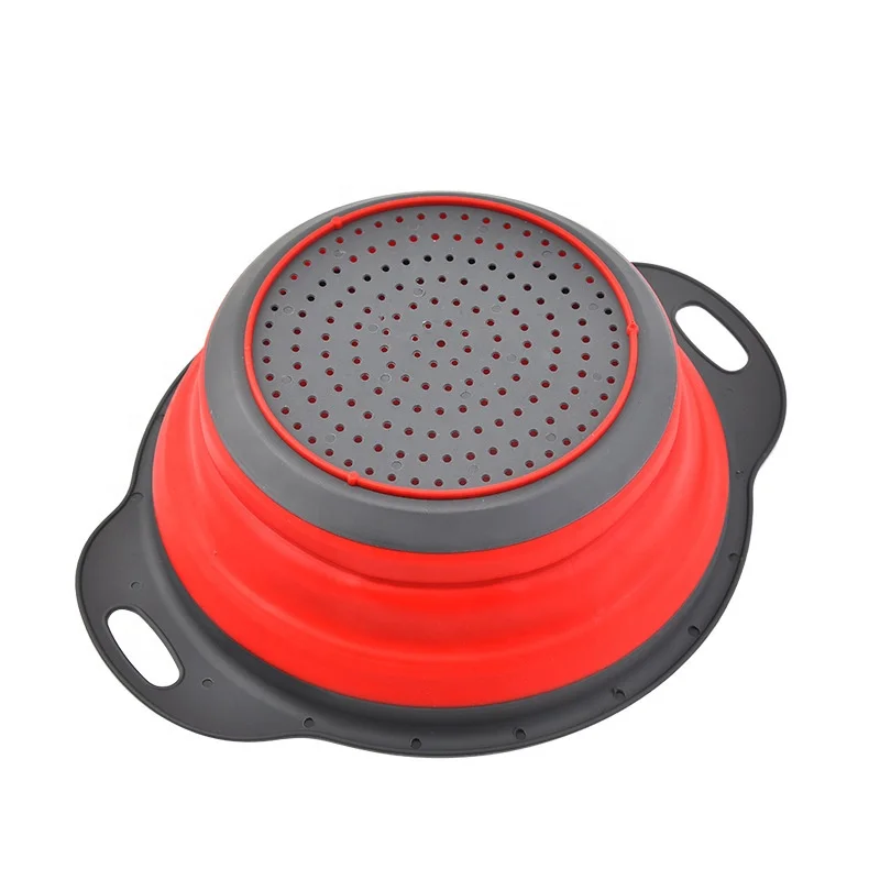 Collapsible Silicone Colander Strainer Set Space-Saving Sturdy Plastic Base Green Red Colored Pasta Food Net Strainer Kitchen