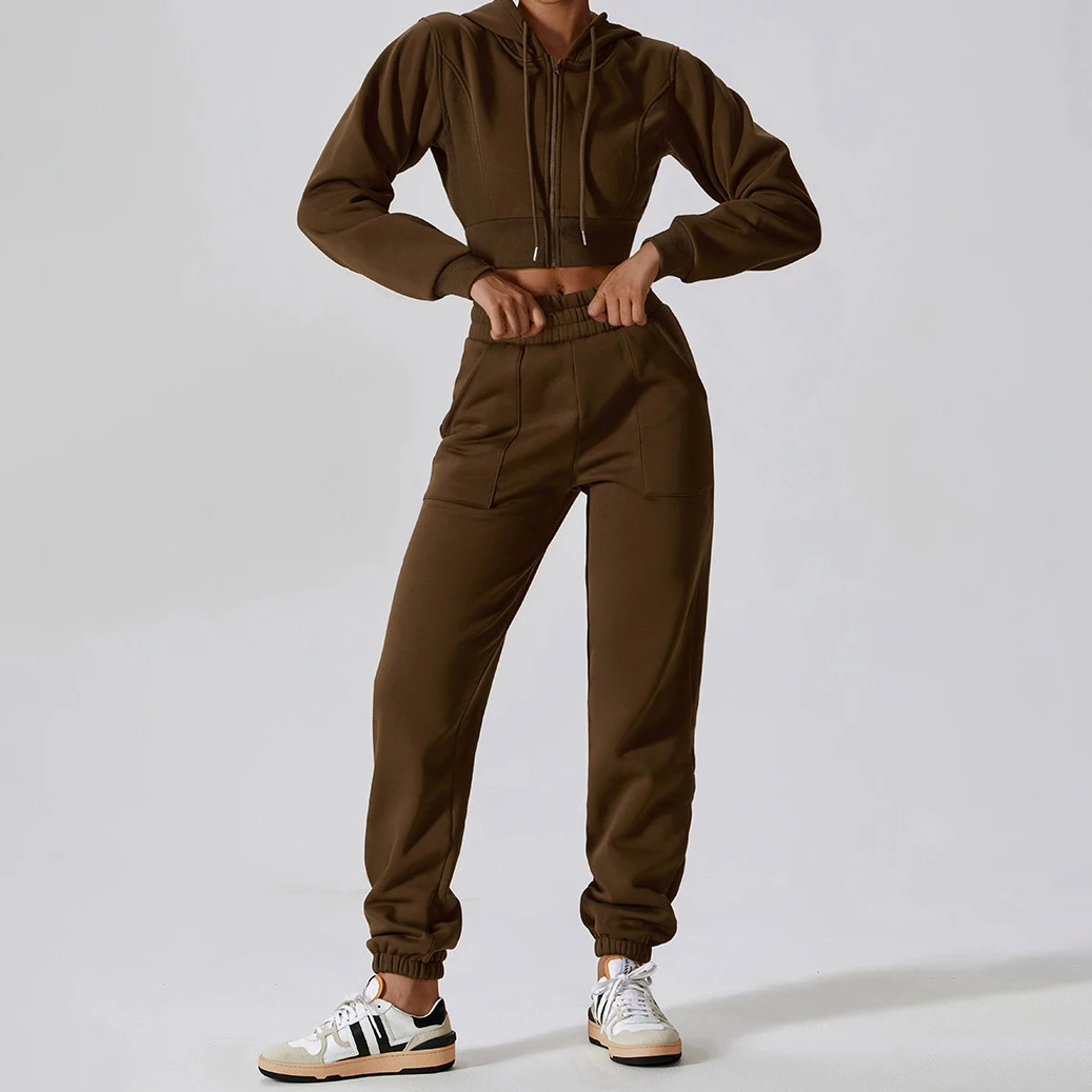 YIYI With Fleece Autumn Winter Outdoor Street Sports Wear With Hoodies Jackets High Waist Jogger Pants Set Women Sweat Suit Sets