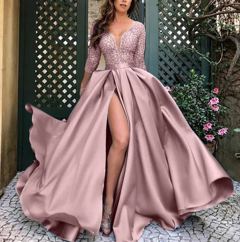 Sexy Maxi Thigh Split Dress Cheap V Neck Party Gown Prom Evening Gowns Long Sleeve Colorful Dress for Wedding Party