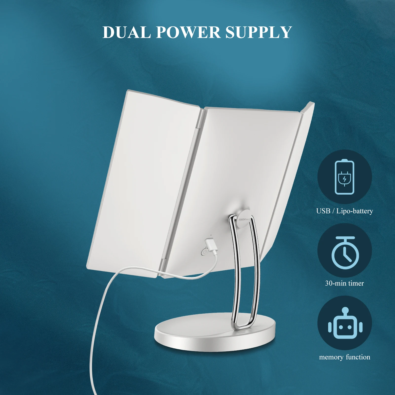 TOUCHBeauty 1X/3X/7X Magnification Standing Desktop Trifold Makeup Mirror LED light Up Cosmetic Mirror Rechargeable Table Mirror