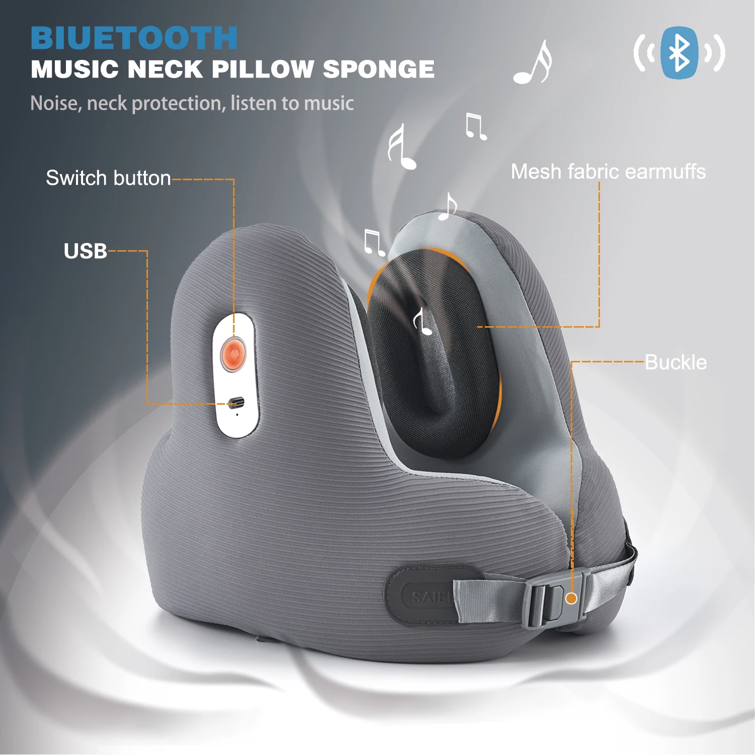 Smart Car Office Airplane Travel Memory Foam Noise Cancelling headphones 360-Degree Support Wireless Bluetooth Music Neck Pillow