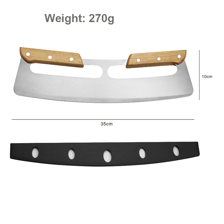 Stainless Steel Pizza Scimitar Wooden Handle Slicer Knife Premium Rocker Slicer Pizza Knife Big Pizza Cutter Slicer Knife