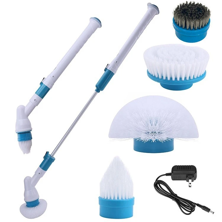 Bathroom Kitchen Wireless Waterproof Rechargeable Long Handle Electric Cleaning Brush with Replaceable Heads