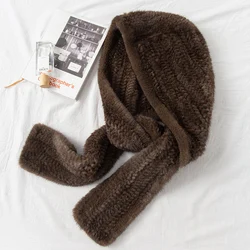 women winter real mink fur shawl scarf hand knitted fur shawls with hood mink fur mufflers hooded with good quality