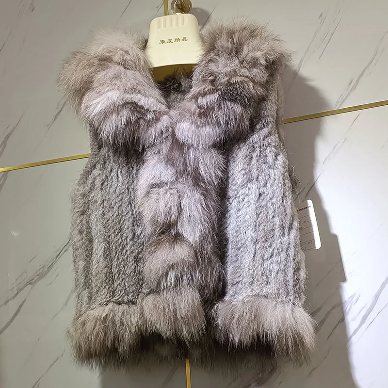 Women Knitted Real Rabbit Fur Vest With Real Fox Fur Collar Short Female Genuine Fur Waistcoat Female Sleeveless Jacket