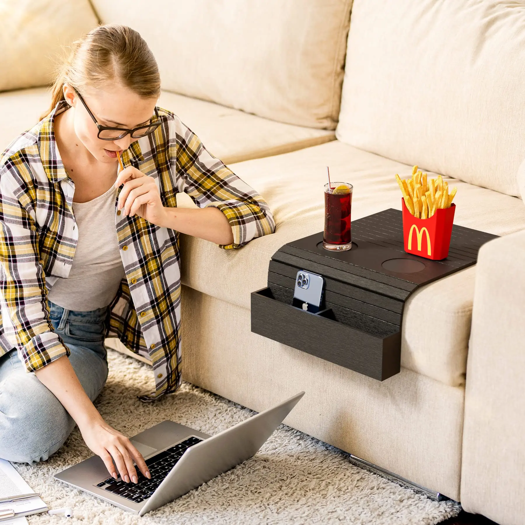 Foldable Couch Armrest Organizer Armrest Tray for Snack Drinks Phone Sofa Armrest Table  Bamboo Sofa Arm Tray with Pockets