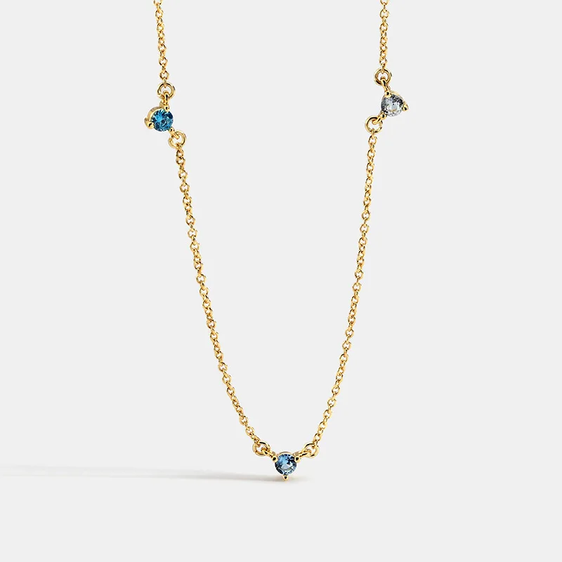 Modern Jewelry 14K Gold Plated Brass Gradient Ice Out Zircon Neck Chain with Sky Blue Diamond Chain Necklace