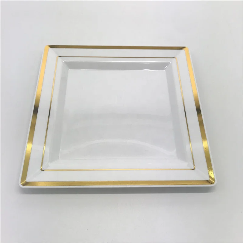 Disposable Plastic Gold Square Dinner Plates Classic Wedding Party Plates