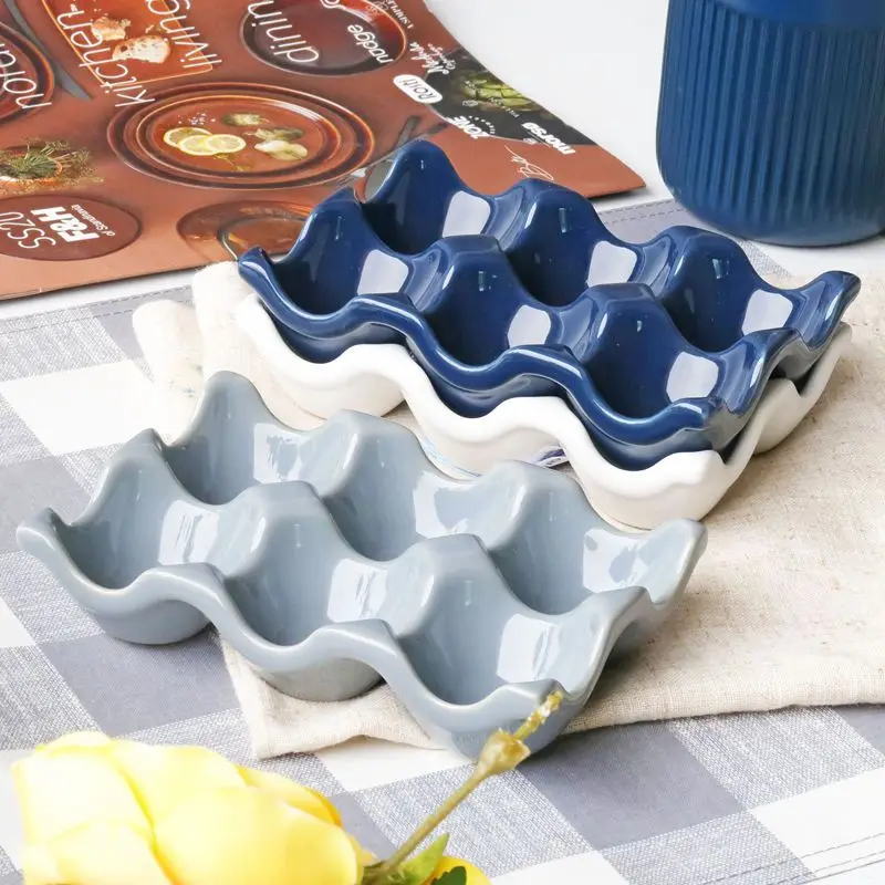 6 Grids Ceramic Egg Tray - Half Dozen Egg Holder Container Keeper Storage Organizer Decorative Serving Plate Kitchen Accessories