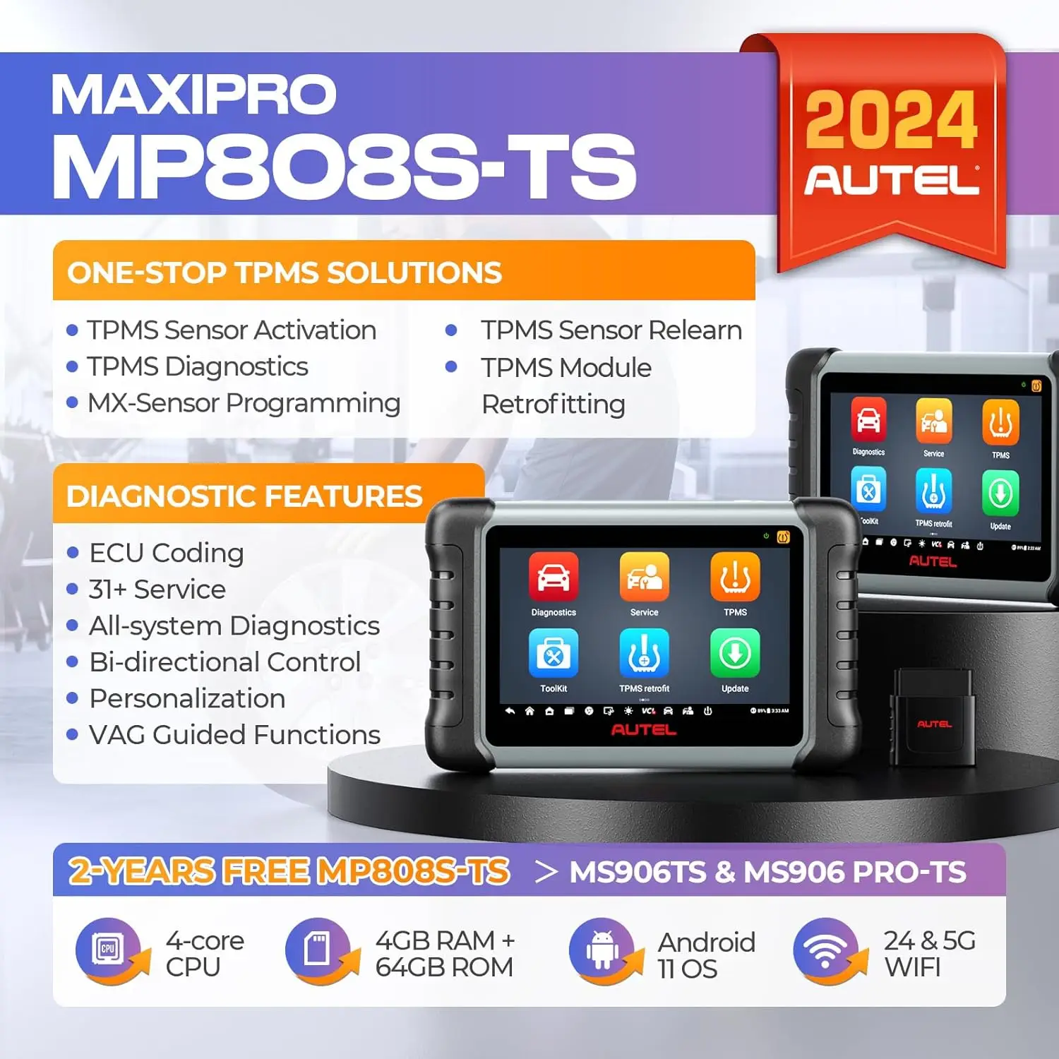 2024 TPMS Relearn Rest Programming OE ECU Coding Active Test 31 Service OBD2 Car Scanner Diagnose Autel MaxiPRO MP808S-TS