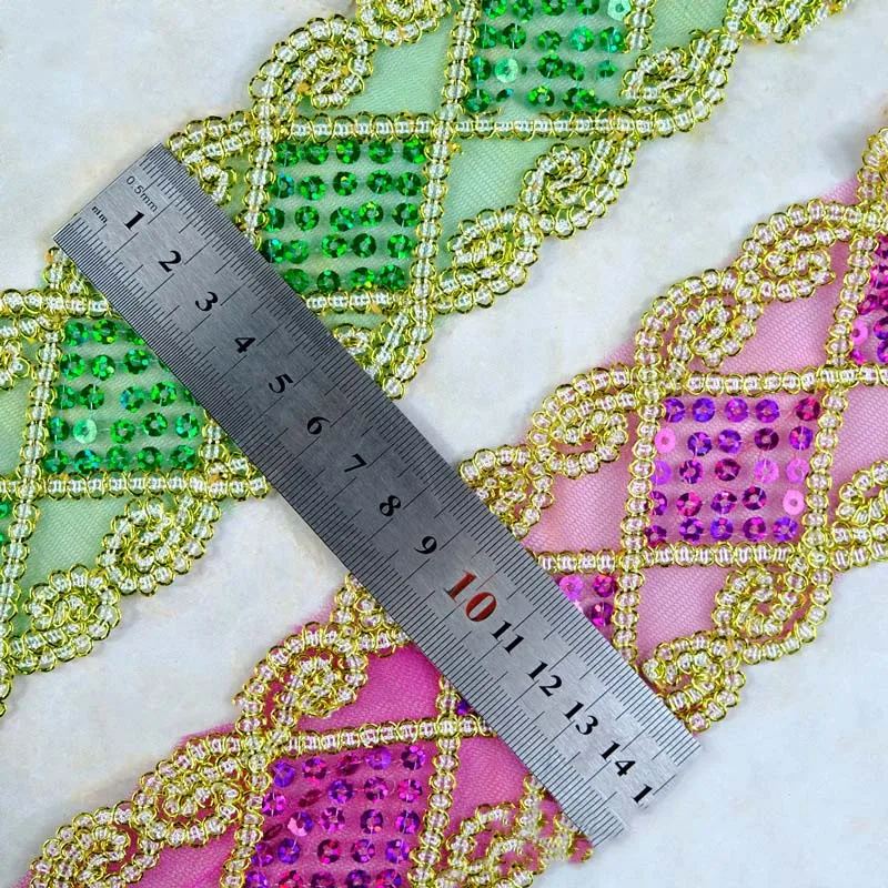 65mm Diy Sewing Material Costume Beaded Sequin Mesh Lace Fabric Diamond-shape Stage Dress Glitter Sequined Edge Lace Trims Gold
