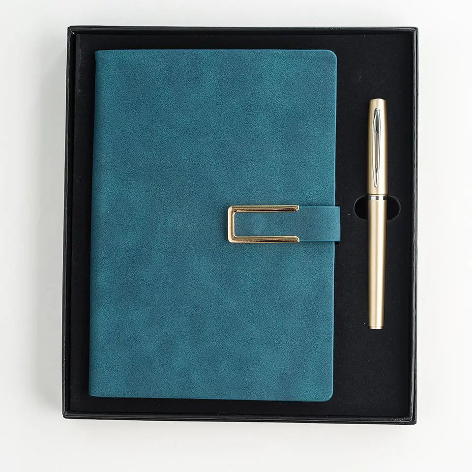 Low Price Wholesale Custom Leather Notebook And Men Gift Set In Gift Box With Elastic Band Metal Pen