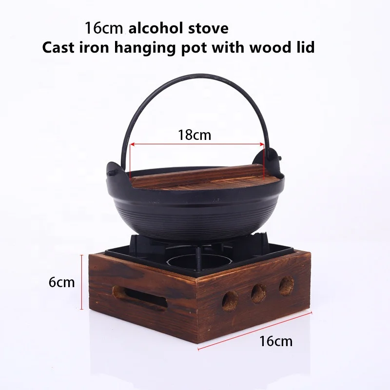 Japanese style cast iron hanging pot wood tray alcohol bbq grill table top mini roasting bbq stove