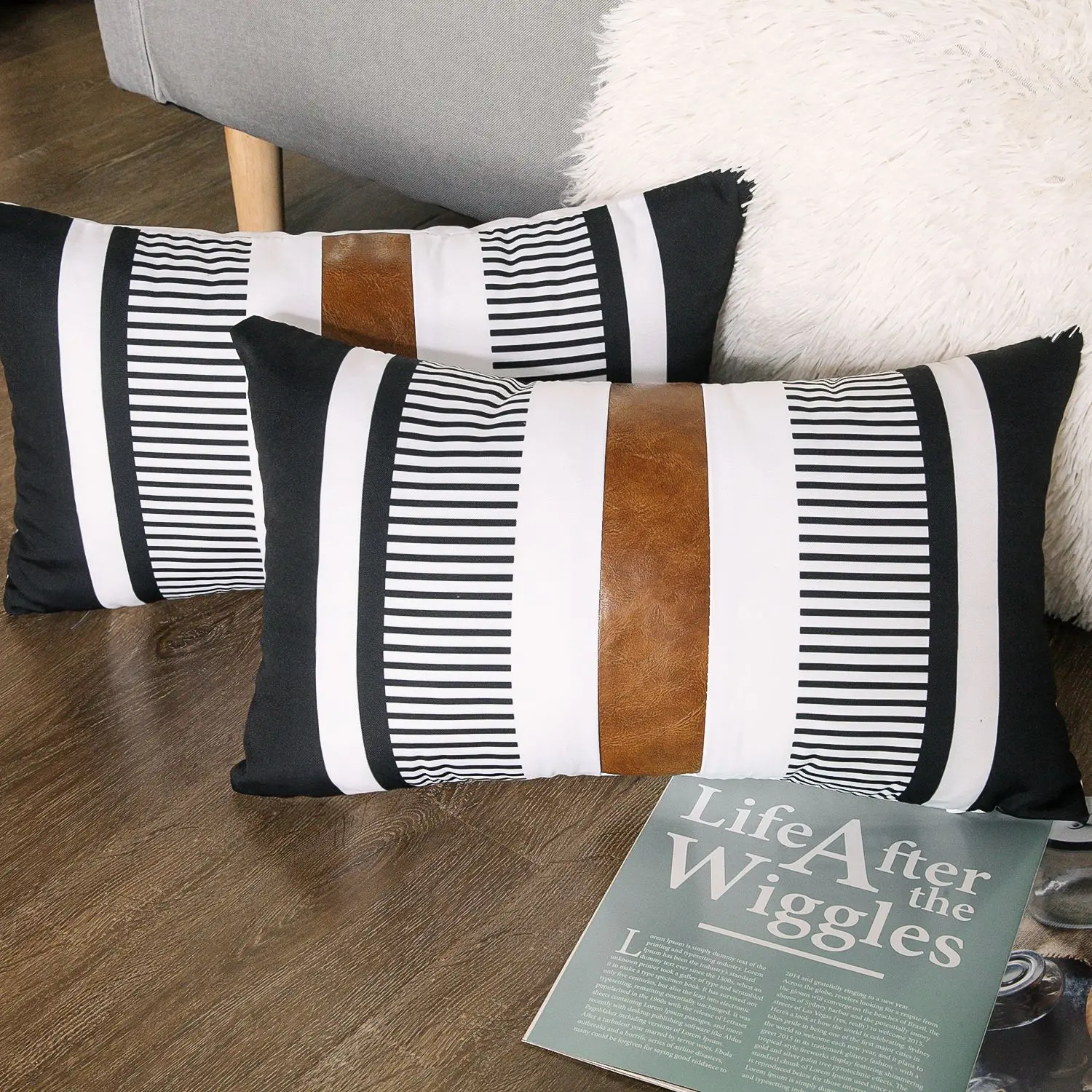 Decorative Boho Faux Leather 18 x 18 Inches Black White Decorative B&B Accent Pillows Cushion Pillow Cover Pillowcases