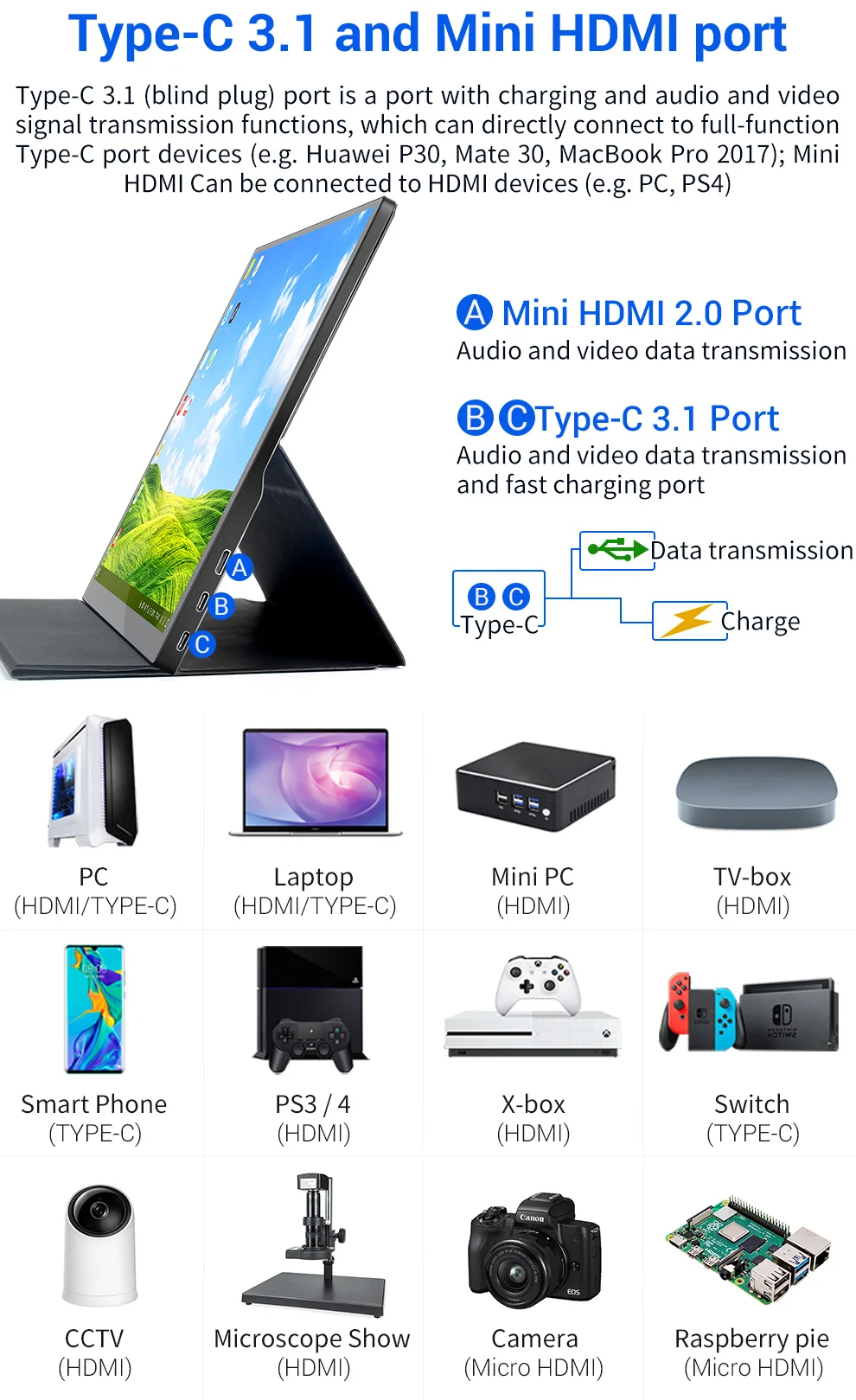 13.3 inch portable touch monitor 1080P 1200:1 100% of sRGB color gamut touch screen portable gaming monitor for laptop ps5