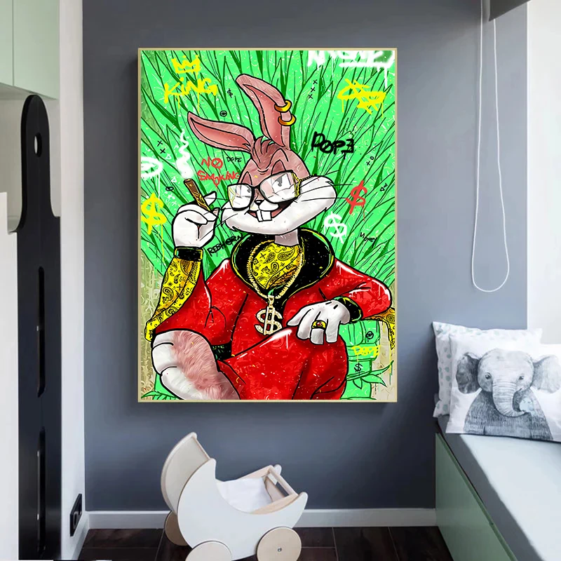 Cool Bucktooth Rabbit Cartoon Graffiti pop Wall Art Pictures and posters Print on Canvas Oil Painting For home kids room decor