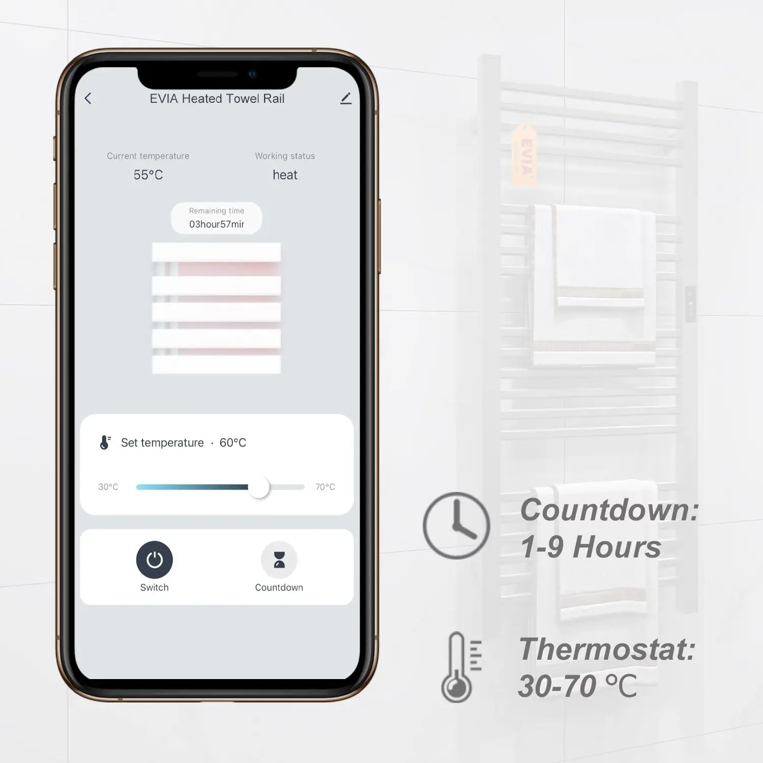 EVIA safe simplicity china portable fast heating aluminum modern heated towel rail