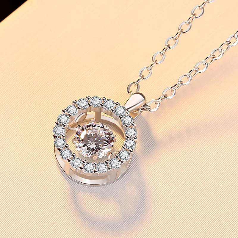 Sterling Silver 925 Jewellery Gold Plated Wholesale Dancing Cubic Zirconia Diamond Stone Round Circle Pendant Necklace For Women