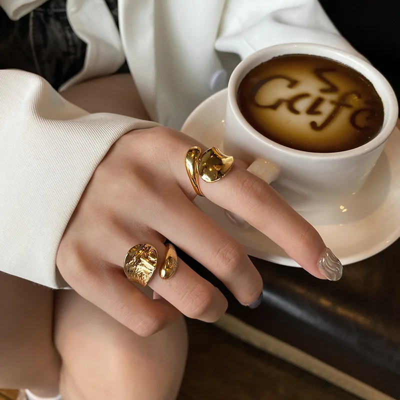 European American Style Irregular Concave-Convex Water Drop Gold Silver Tin Foil Pattern Fashion Open Ring for Women