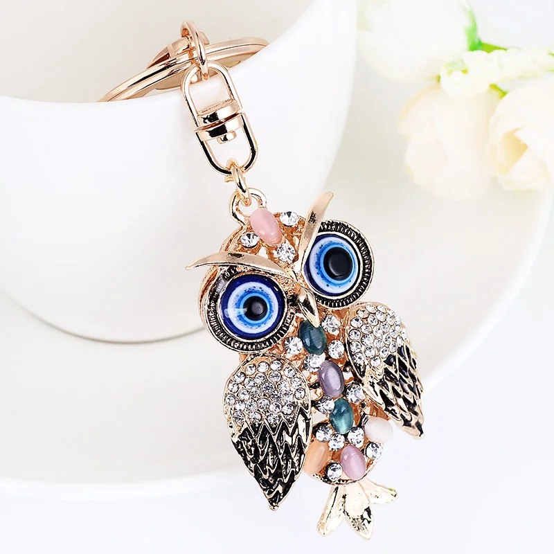 Retro Resin Devil Eye Owl Bag Key Chain Rhinestone Blue Evil Eyes Owl Keychain Women Accessory