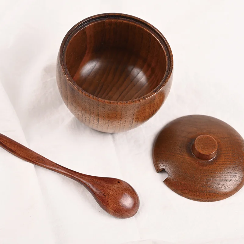 Wooden salt pot of Wild Jujube, salt box of Japanese flavor pot, solid wood retro with LID and Spoon spice container