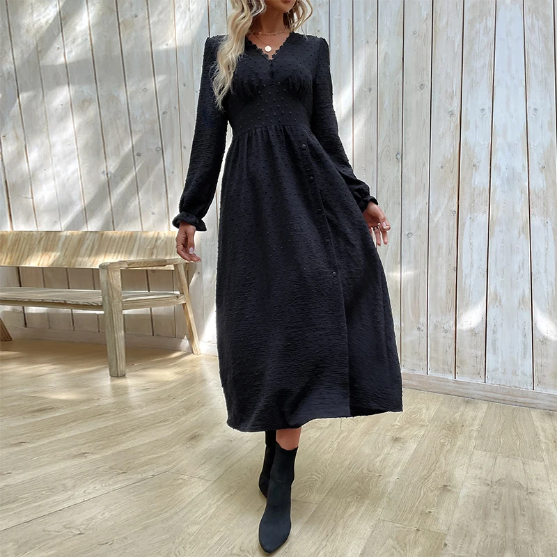 Women Black Soild Colour Long Sleeve Chic Midi Dress V Neck Casual Wholesale Clothing New Arrivals