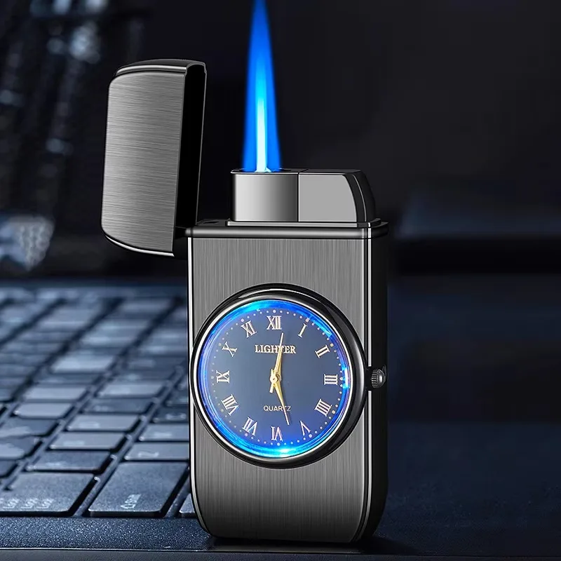 Wholesale Custom Metal Butane Gas Flint Lighter with Clock USB Style Jet for Men Cheap Price Cigarette Watch Lighter Giveaways