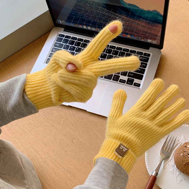 Knitted Woolen Gloves Women Winter Leakage Two Finger Warm Thick Outdoor Long Knit Gloves
