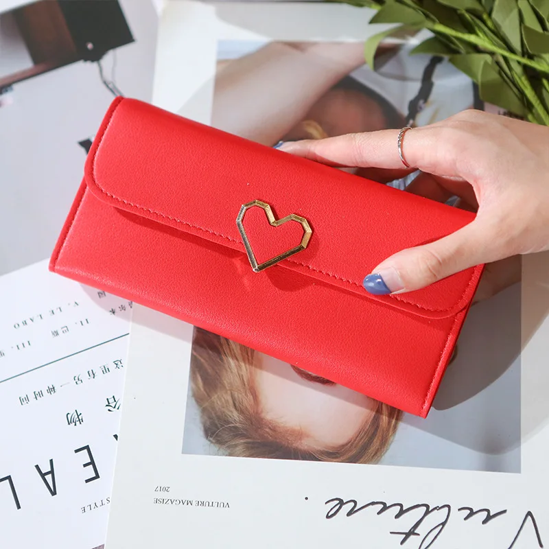 Wholesale Women New Fashion Korean Clutch Bag Lady PU Candy Color Heart 3 Fold Money Card Holder Purse
