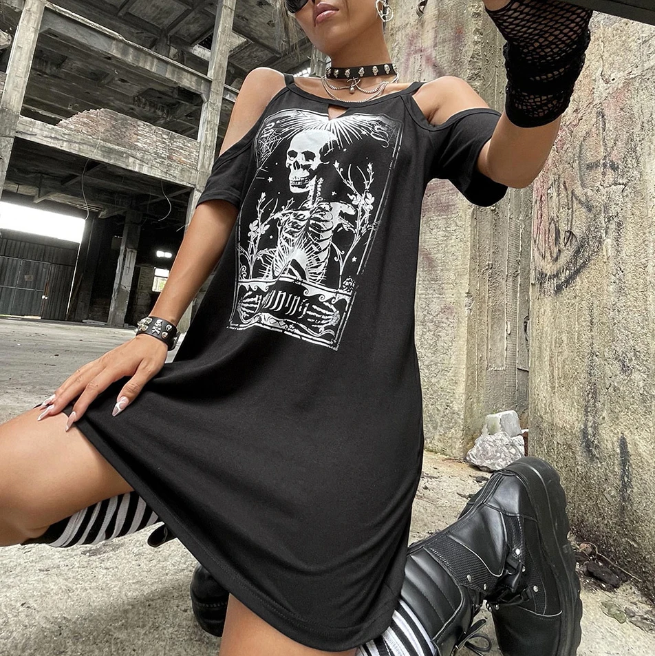 Christmas Halloween Style Custom Print Logo Dress Y2K Skeleton Spider Web Print Cut Out Cold Shoulder Dress