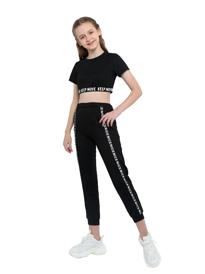 
Girls Two Pieces Sport Suits Letter Printed Short Sleeves Crop Top with Elastic Low Waist Leggings Kids Workout Clothing 