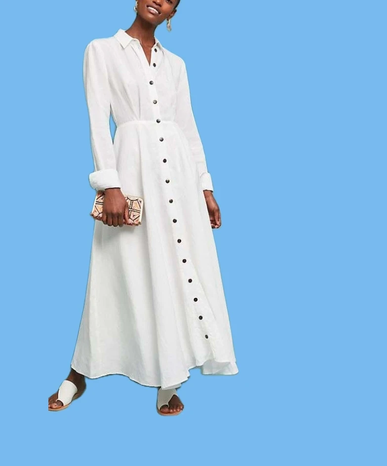 
Office Summer Clothing White 2021 Midi Dress Fashion Casual Simple Element Spring Long Sleeve Maxi Linen Shirt MaxI Dress Women 
