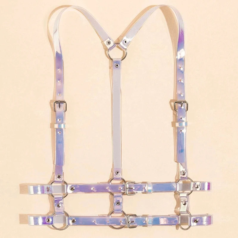 China Shiny Laser Mauve Purple PVC Harness Belt Women Sexy Colorful Body Harness Sculpting Belts