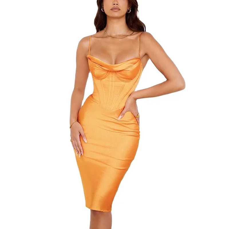 Wholesale Sexy Dress Pile Neck Fishbone Pleated Sling Dress Solid Sleeveless One Step Dress