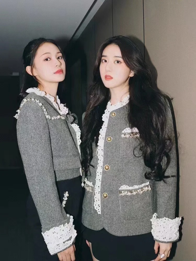 OUDINA New French Retro One Shoulder Slim Long-Sleeved Ladies Tops Latest Design Print Blazers