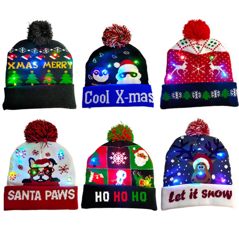 Unisex LED shiny Christmas hats knit beanie Winter cap