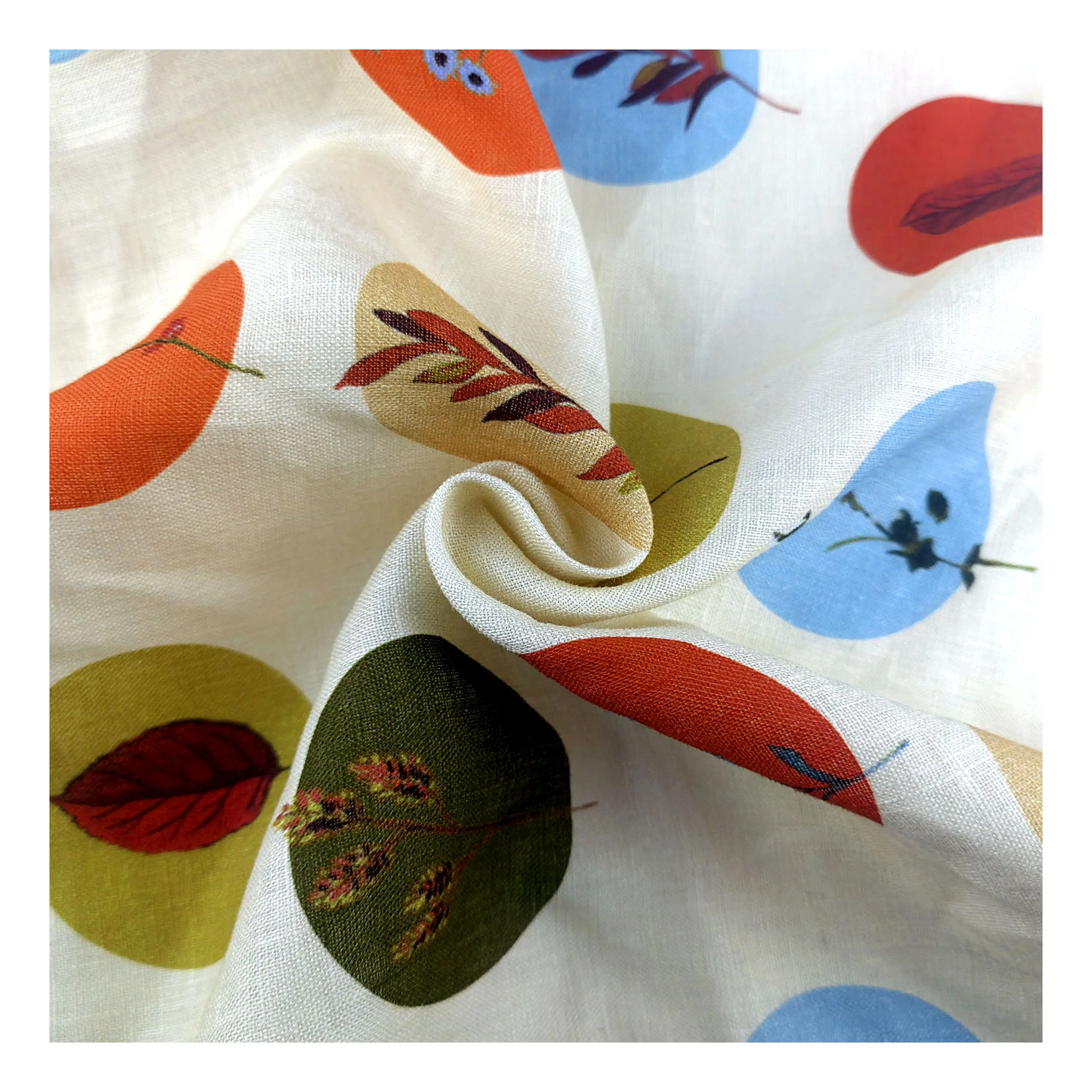 Wholesale round floral leaves pattern 100 Pure Organic Washed Soft French Flax Linen flax Fabric For Garment