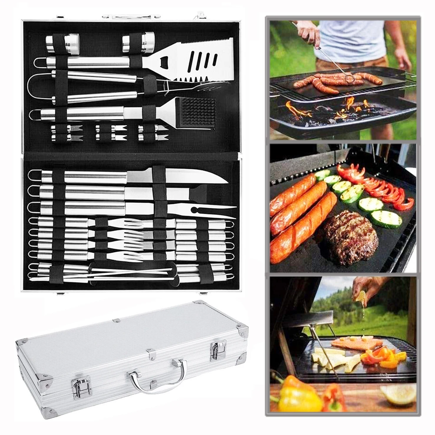 
E-PIN Heavy duty stainless steel grill tools in case for outdoor cooking camping grilling smoking barbecue set 