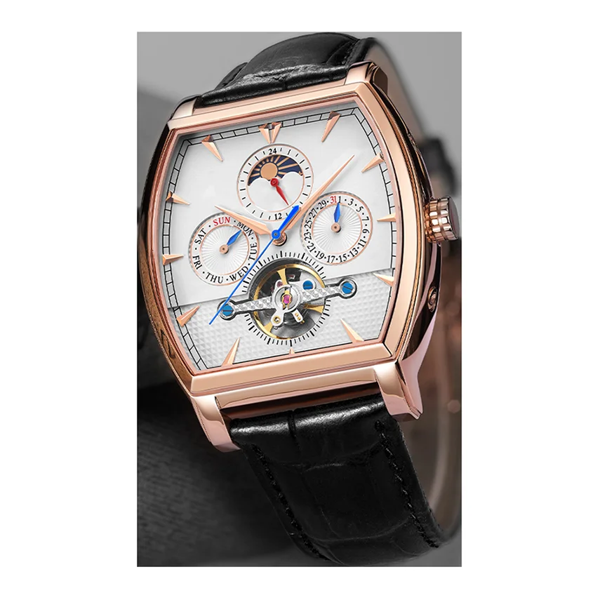 Fashion stainless steel barrel case skeleton flywheel 24 hour show men waterproof mechanical watches