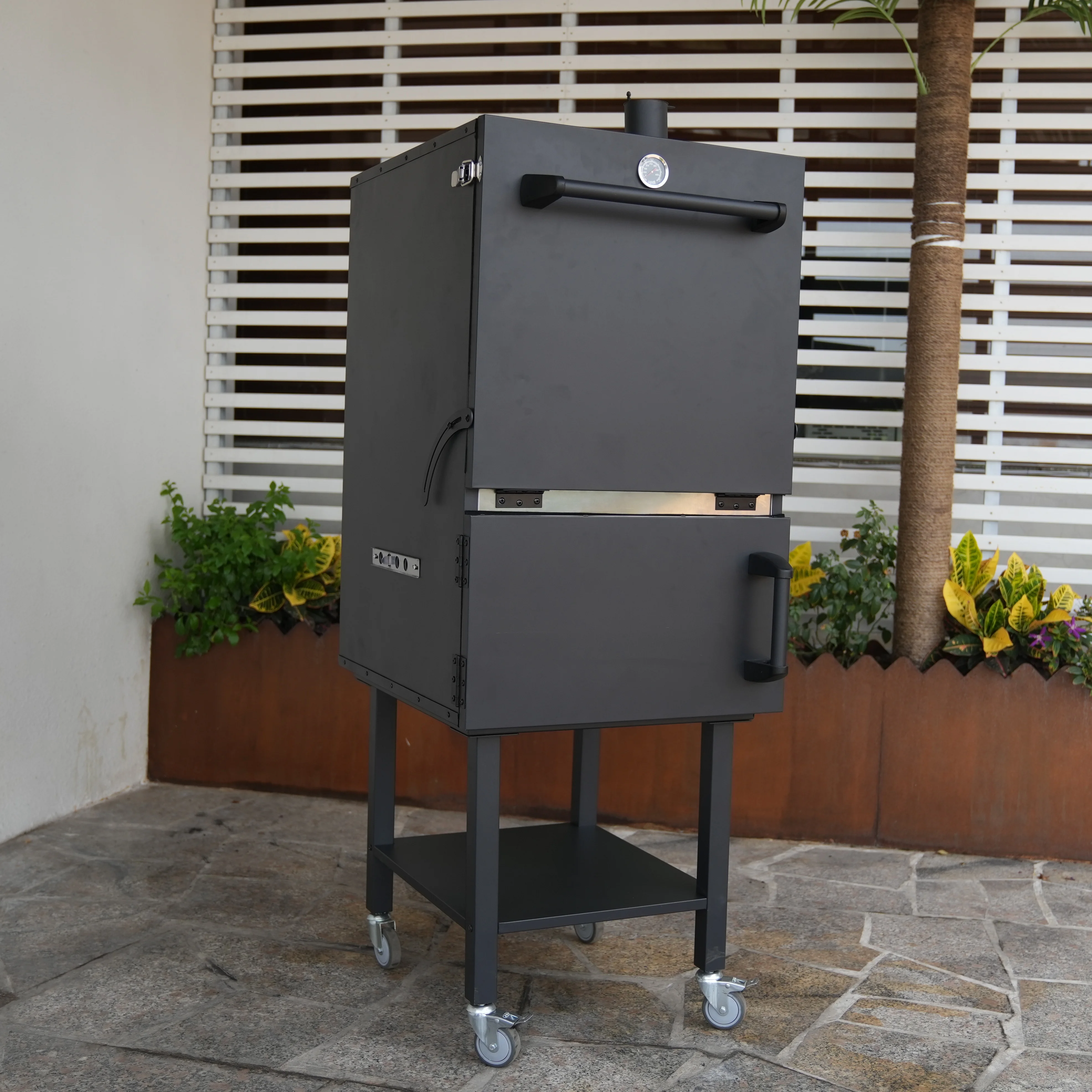 Charcoal Smoker Grill 3 Layers Freestanding Vertical Barbecue Grills Patio Garden Vertical Smoker With Wheels