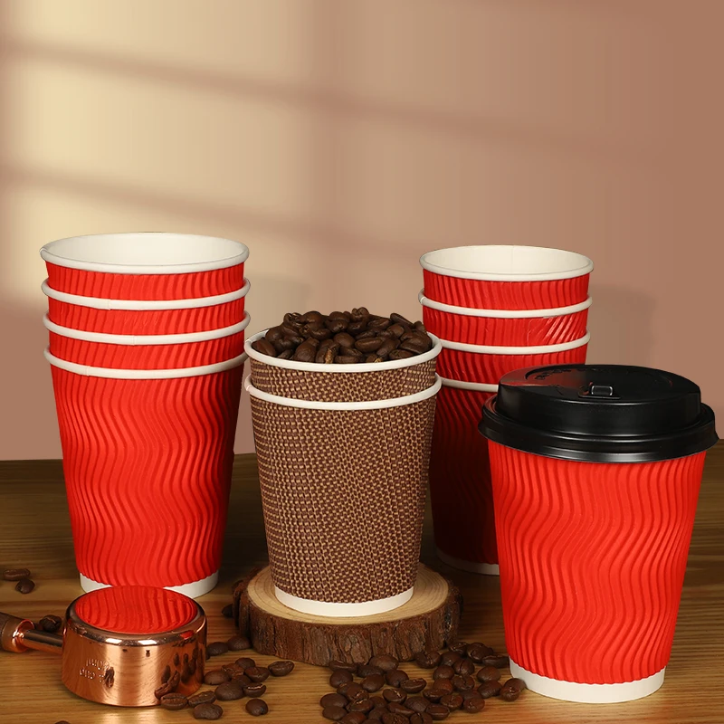 OEM ODM 8oz 12oz 16oz Customized Design Disposable Printed Double Wall Ripple paper coffee cup paper cup fan